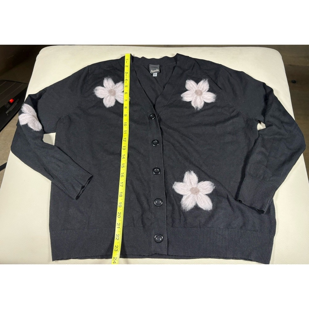 Aaeda Size XL Black Cardigan Sweater Fuzzy White Floral Applique Button Up